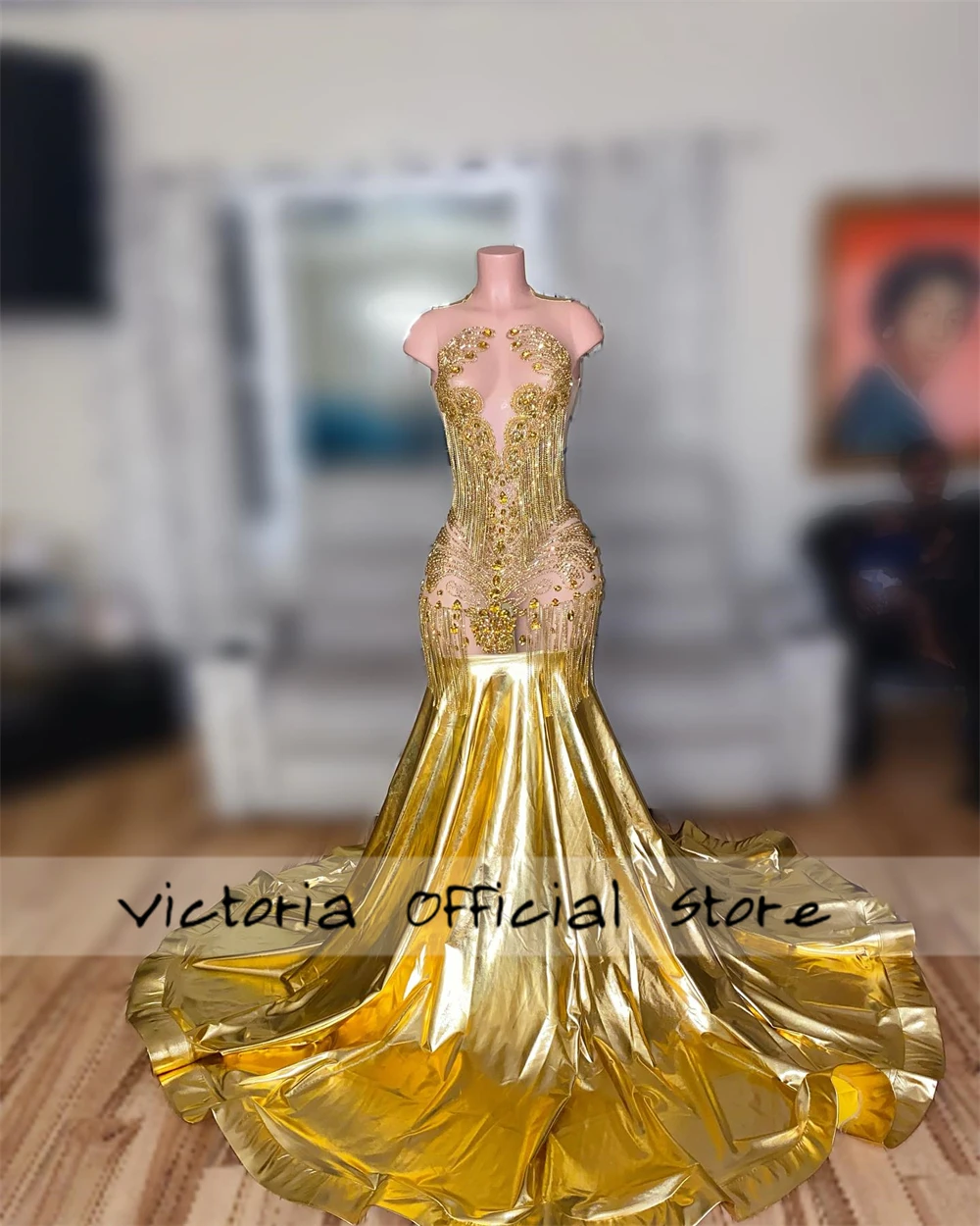 Deslumbrante ouro aniversário vestidos de baile preto meninas frisado strass borlas sereia sem costas cocktail vestidos de festa personalizado