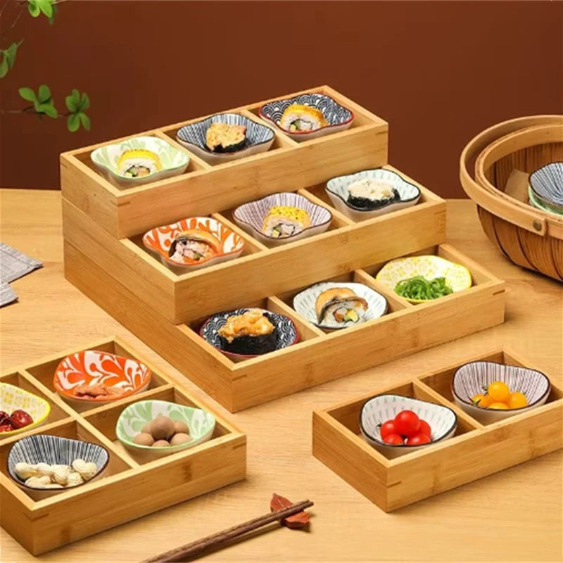 Creative Nine-square Grid Tray Hot Pot Side Dish Plate Divider Tray Bamboo Snack PlatePlatter Wooden Box Saucer Tray