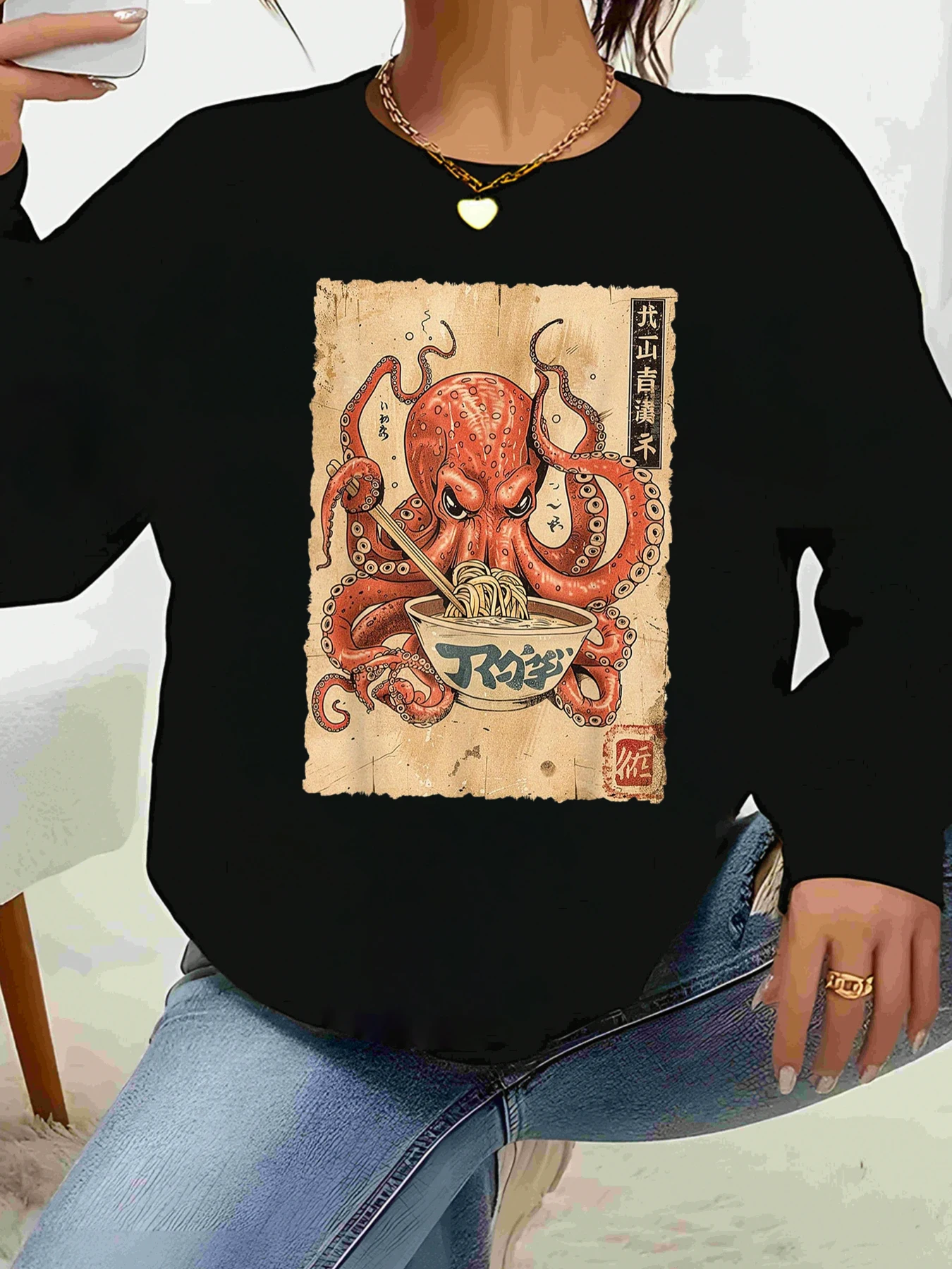 الأخطبوط رامين طباعة كم طويل أعلى هالوين ملابس غير رسمية الملابس النسائية