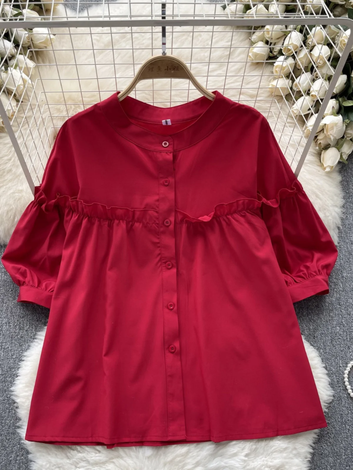 

Korean Sle mat round Ne Bubble Sve irt Women Summer Loose Slimming Meat Covering Design High-End Feeling Top