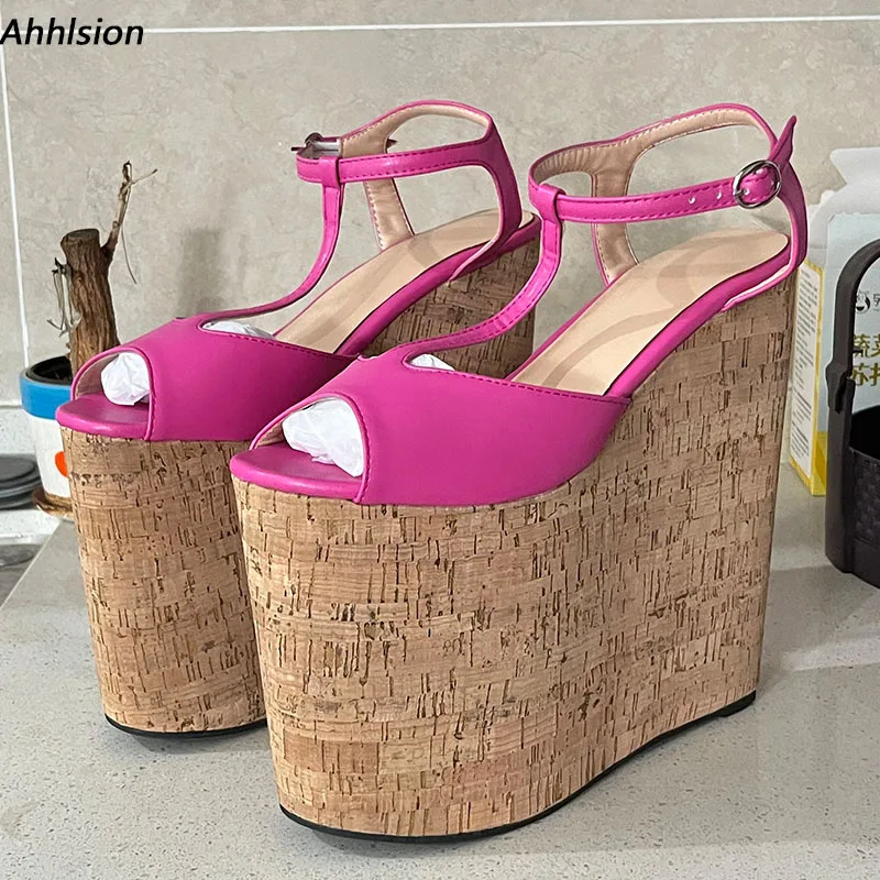 Ahhlsion, sandalias de verano hechas a mano para mujer, con cuña, tacón alto, punta redonda, bonitos zapatos informales fucsia para mujer, talla grande estadounidense 4-15