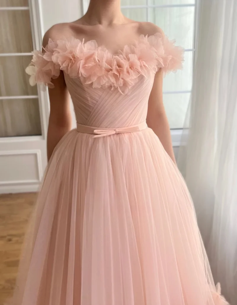 

Elegant Party Womens Dresses Flowers Medium Length Line A Fairy Skirt Pink Graduation Gown Gala Dress Women