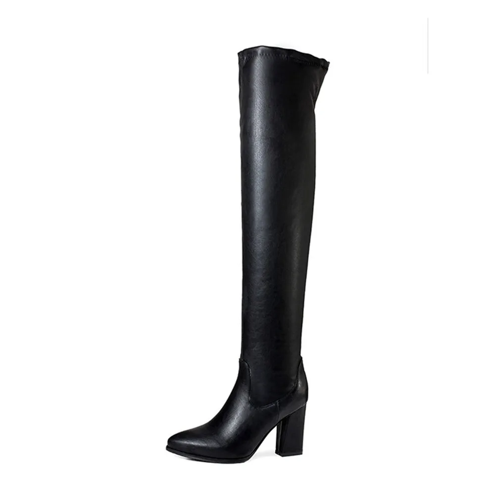 Women Slip on Stretch fashion Over The Knee Boots 9CM Block Heel Pointed Toe Leather Long Boots Size 32-43 5320-7