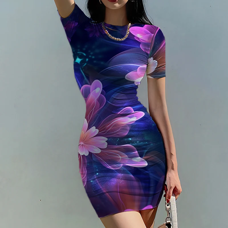 Summer new lady slim dress bright flower 3D printed lady dress beautiful lady slim dress fashion trend lady slim dress