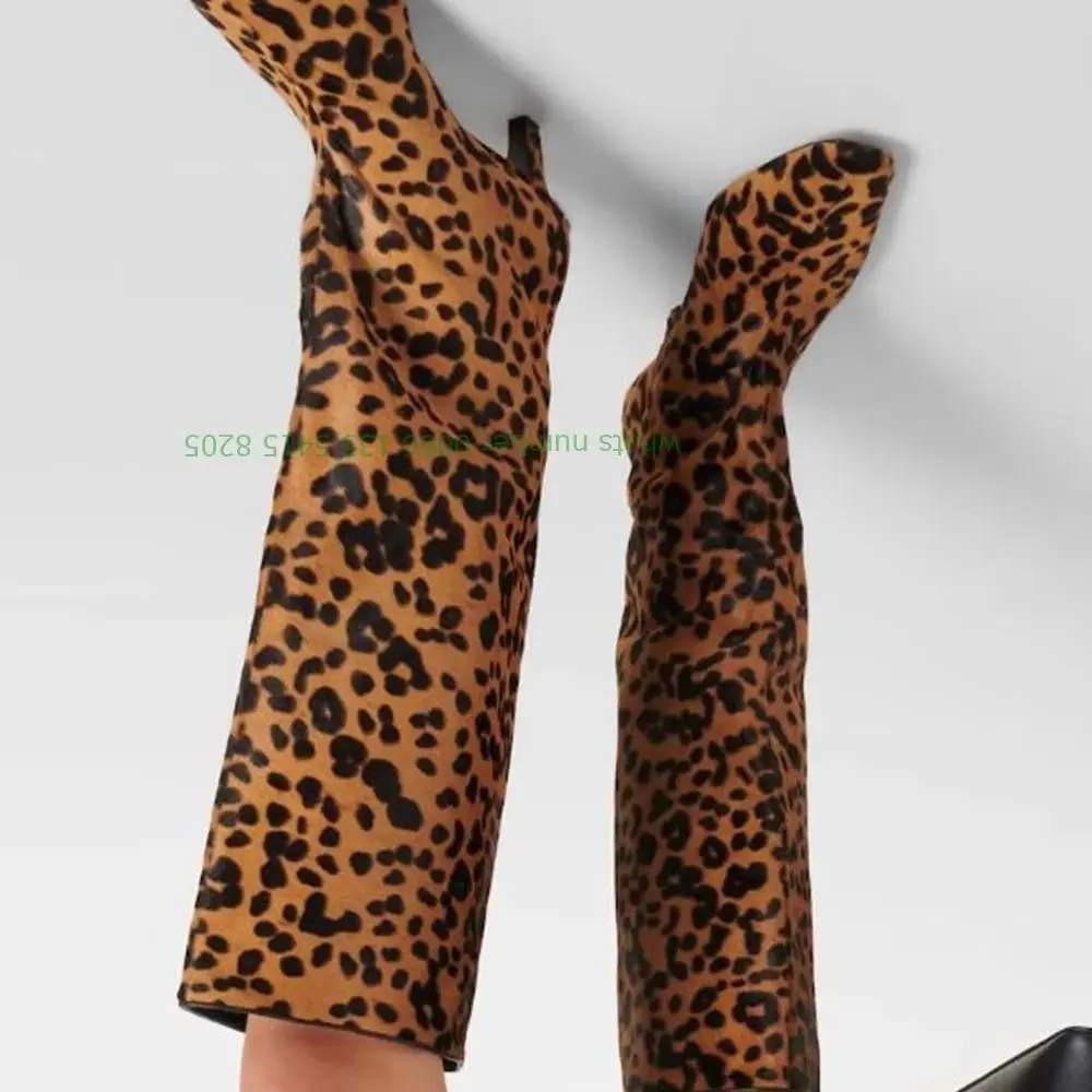 

Wide Shaft Calf Hair Knee-High Boots Leopard Pointy Toe Kitten Heels Women's Boots Slip On Pleated Casual Runway Shoes Winter