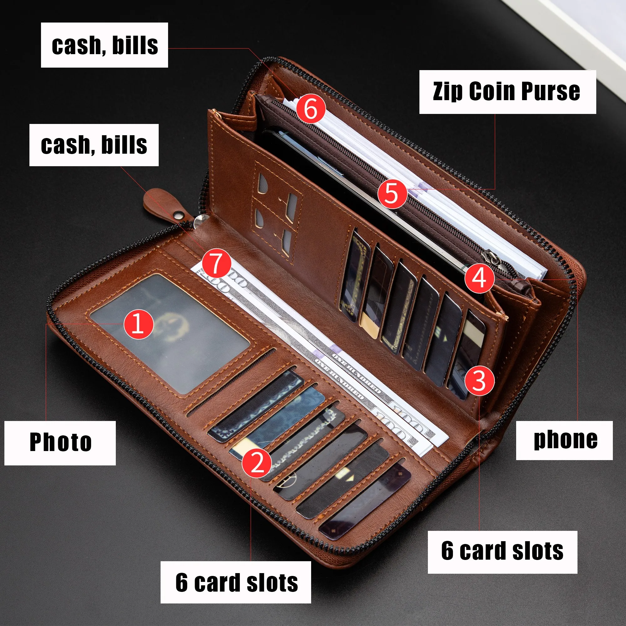 Portafoglio da uomo con cerniera lunga Portafoglio in pelle PU di alta qualità per uomo Blocco RFID Pochette da lavoro Porta carte di credito Borsa da uomo