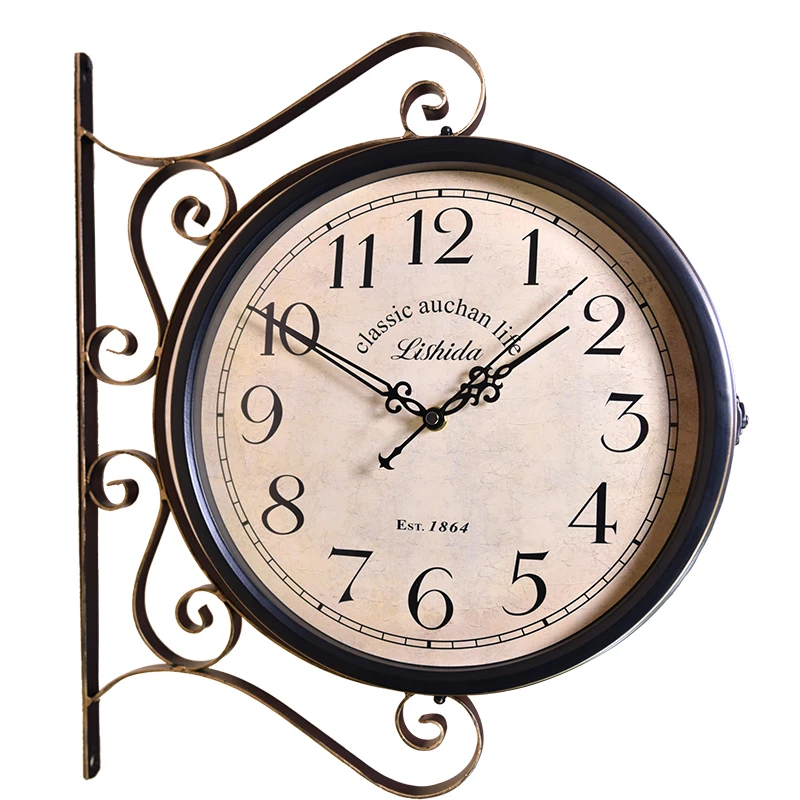 European retro double-sided clock wall clock living room silent decoration American art wall watch creative craftsmanship person