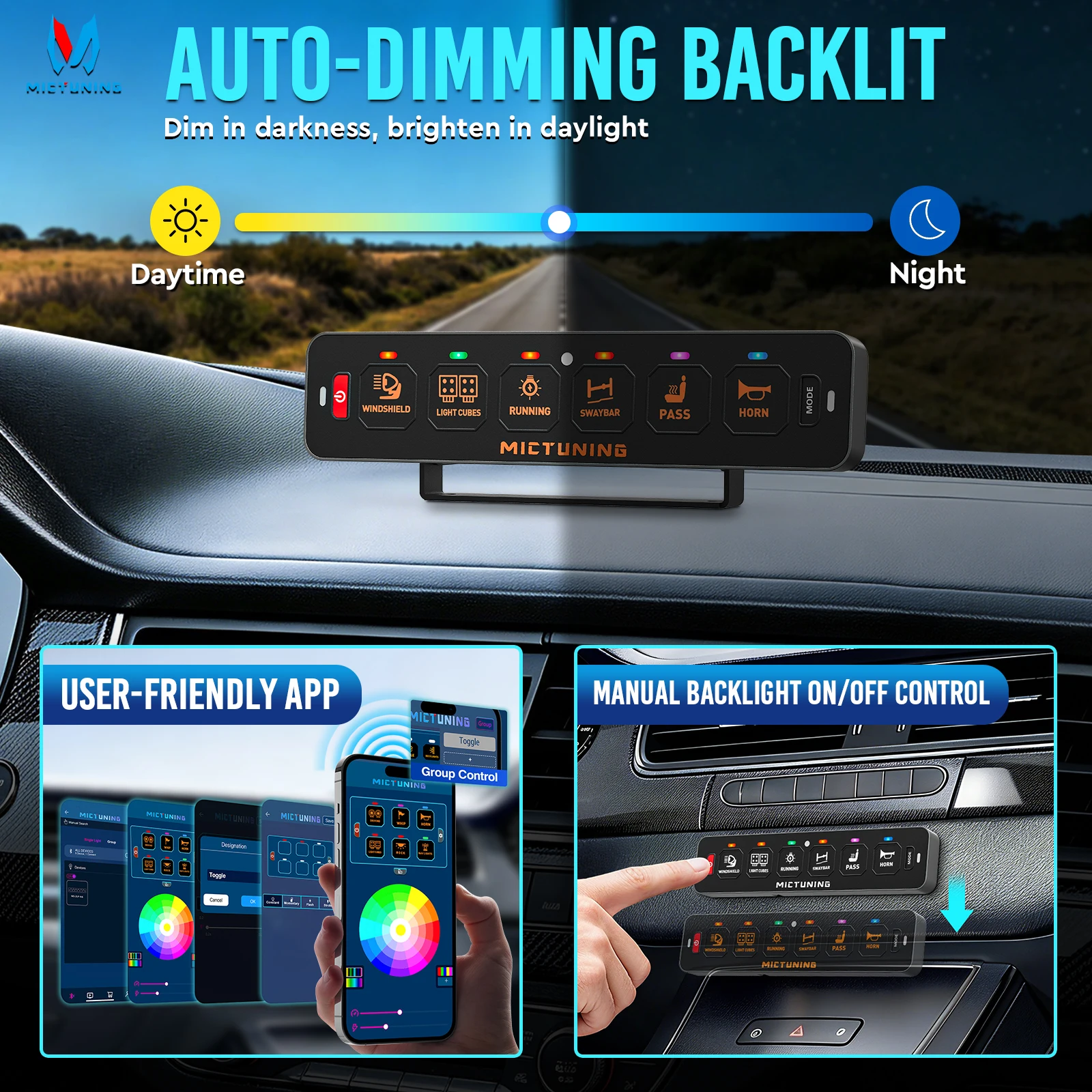 

MICTUNING Horizontal MS-A 6-Way Switch Panel: Supports App Control, Ultra-slim Design, RGB Auto-Dimming Backlight for SUV ATV