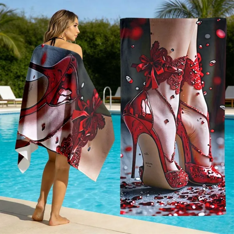 Red Sequin High Heel Rose Petal Dark Background Print Microfiber Quick Dry Beach Towel Glam Fashion Women Bath Towel