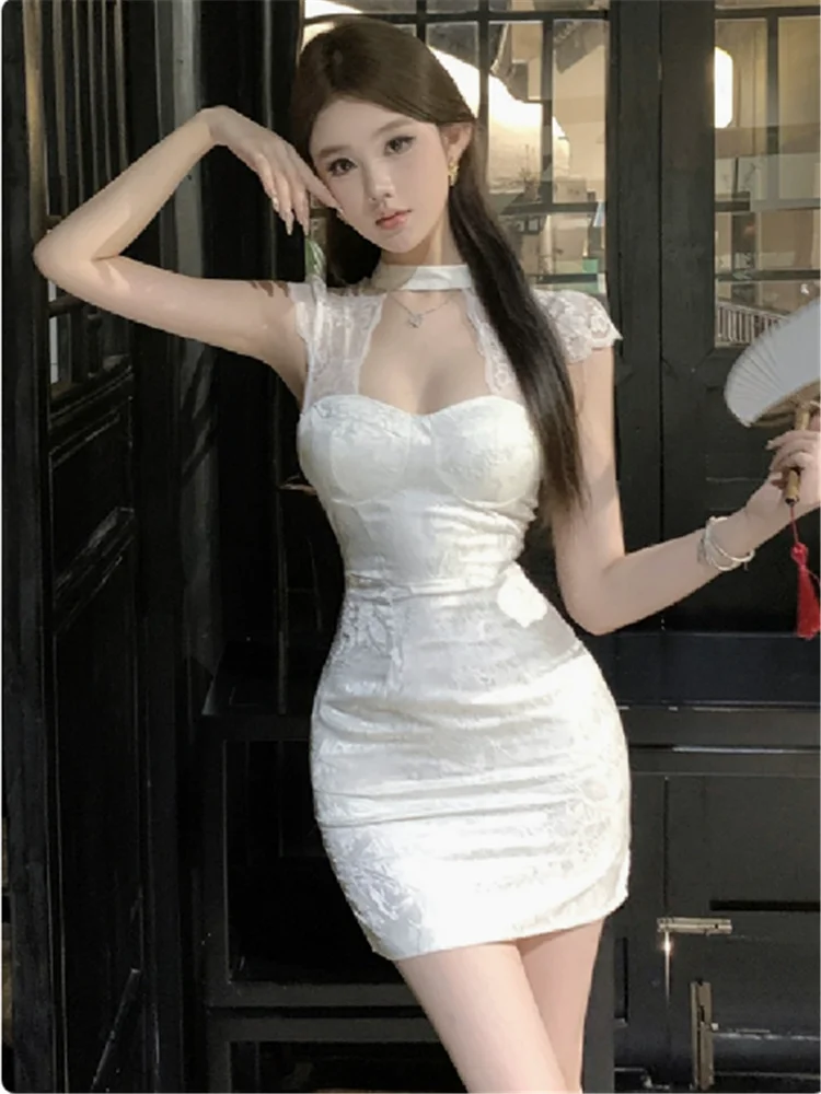 

Sexy Hollow Out Women Lace Patchwork White Sheath Pencil Mini Dress 2025 New Chinese Style Fashion Short Qipao Slim Party Dress