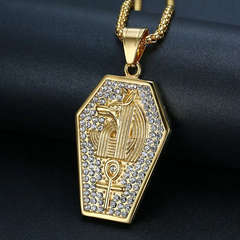 Hip Hop Full Rhinestone Bling Iced Out Gold Color Stainless Steel Egypt Ankh Cross Anubis Pendants Necklace for Men Jewelry