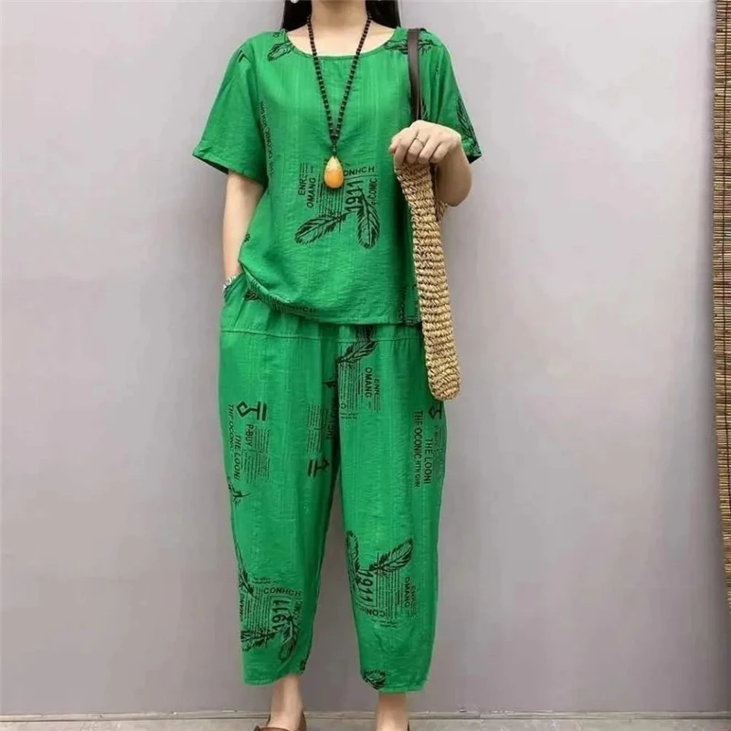 Camicetta di lino di cotone con stampa in stile etnico retrò Boho da donna Set di due pezzi estate Casual allentata manica corta top pantaloni da