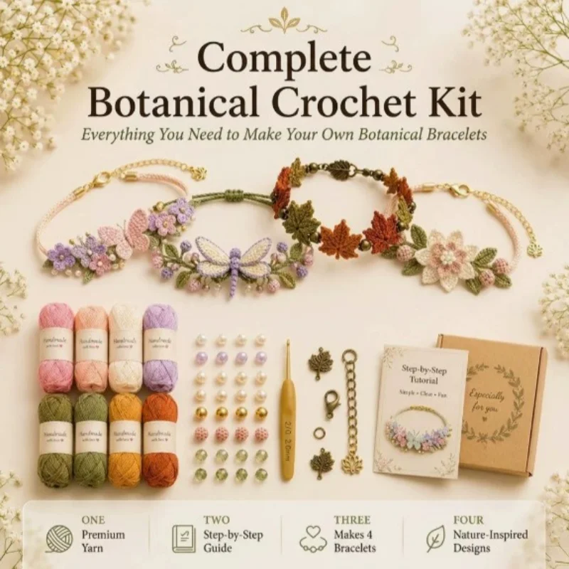Botanical Style Hand Woven Bracelet DIY Craft Kit Full Crochet Tools Step-by-Step Tutorial Handicraft Making Supplies Present