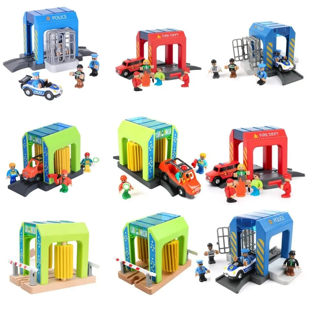 Building Blocks Connection Wooden Train Tracks Railway Toys Police Station Fire Dept Urban Police Station Car Wash Room DIY