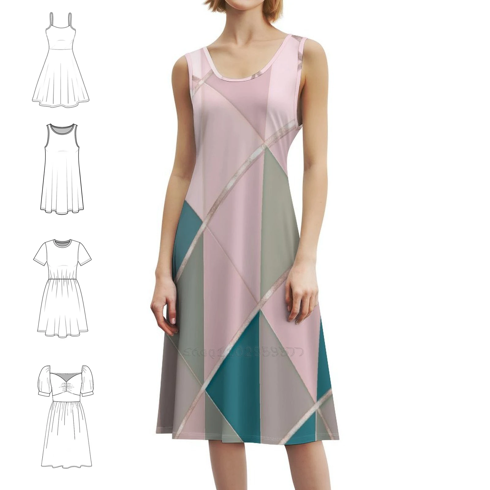 هندسة الباستيل الناعمة مع خطوط فستان بوهيمي عتيق بأكمام منتفخة أو خيارات بدون أكمام للنساء فستان باستيل ناعم