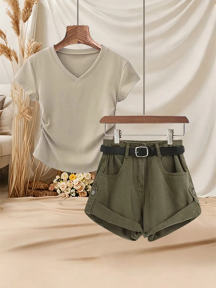 Summer Fashionable Women's Set Short Sleeve V-Neck T-Shirt Slimming Denim Shorts Two-Piece Suit Small Size Clothing Ensemble