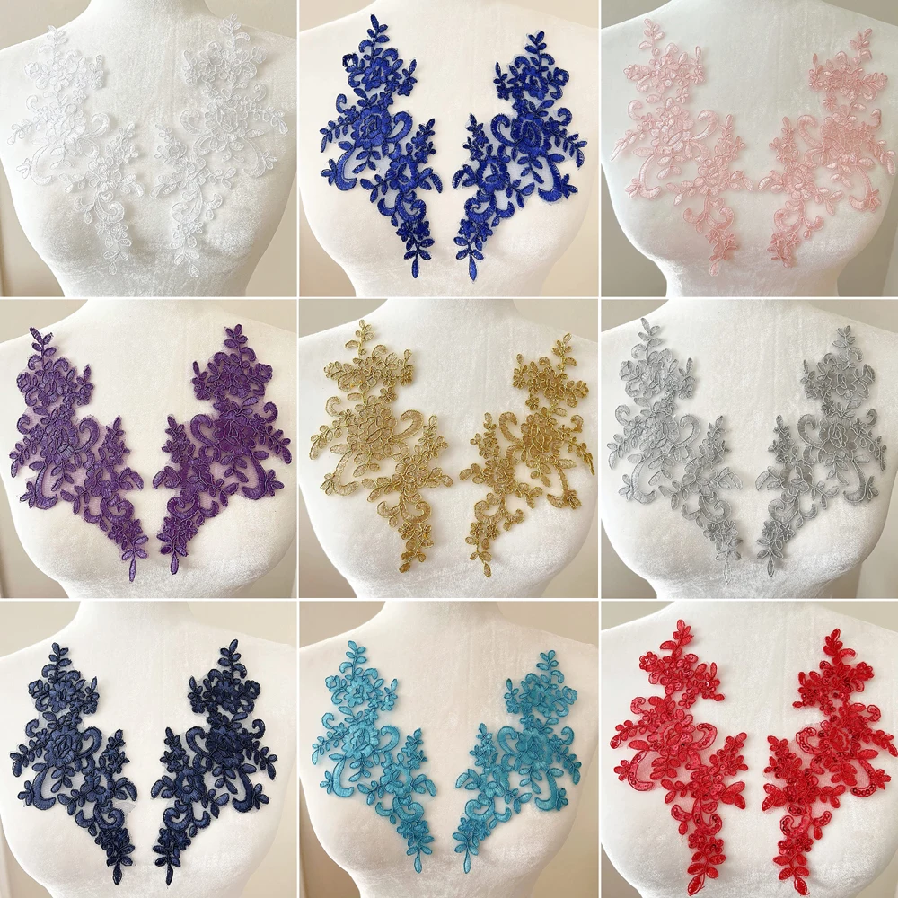 1 Pair Flower Sew On Lace Patches Embroidery Applique Repair For Wedding Dresses 25*12cm