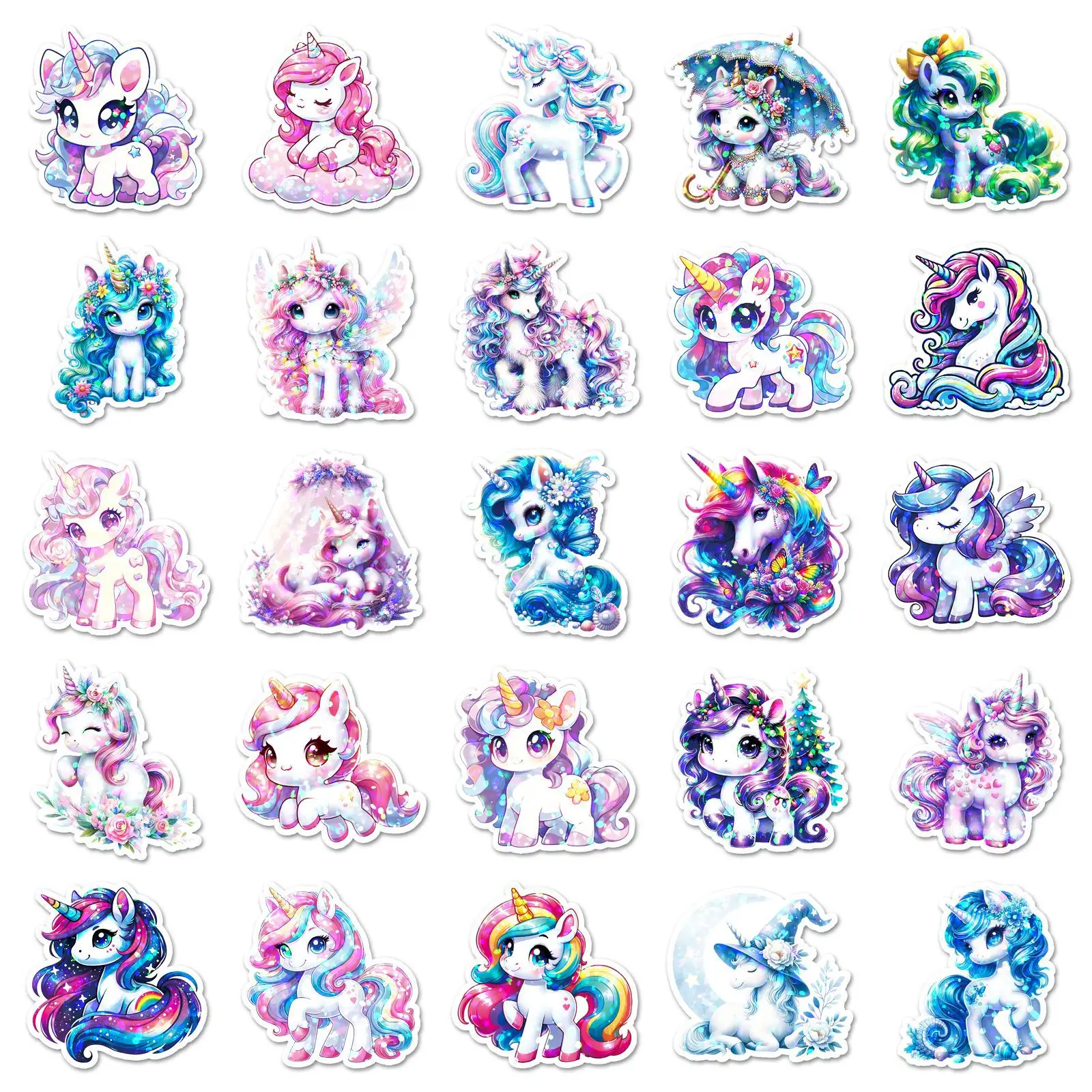 10/30/50PCS Flash Film Laser Rainbow Horse Unicorn Cartoon Animal Stickers for Water Cup Phone Computer Notebook Stationery