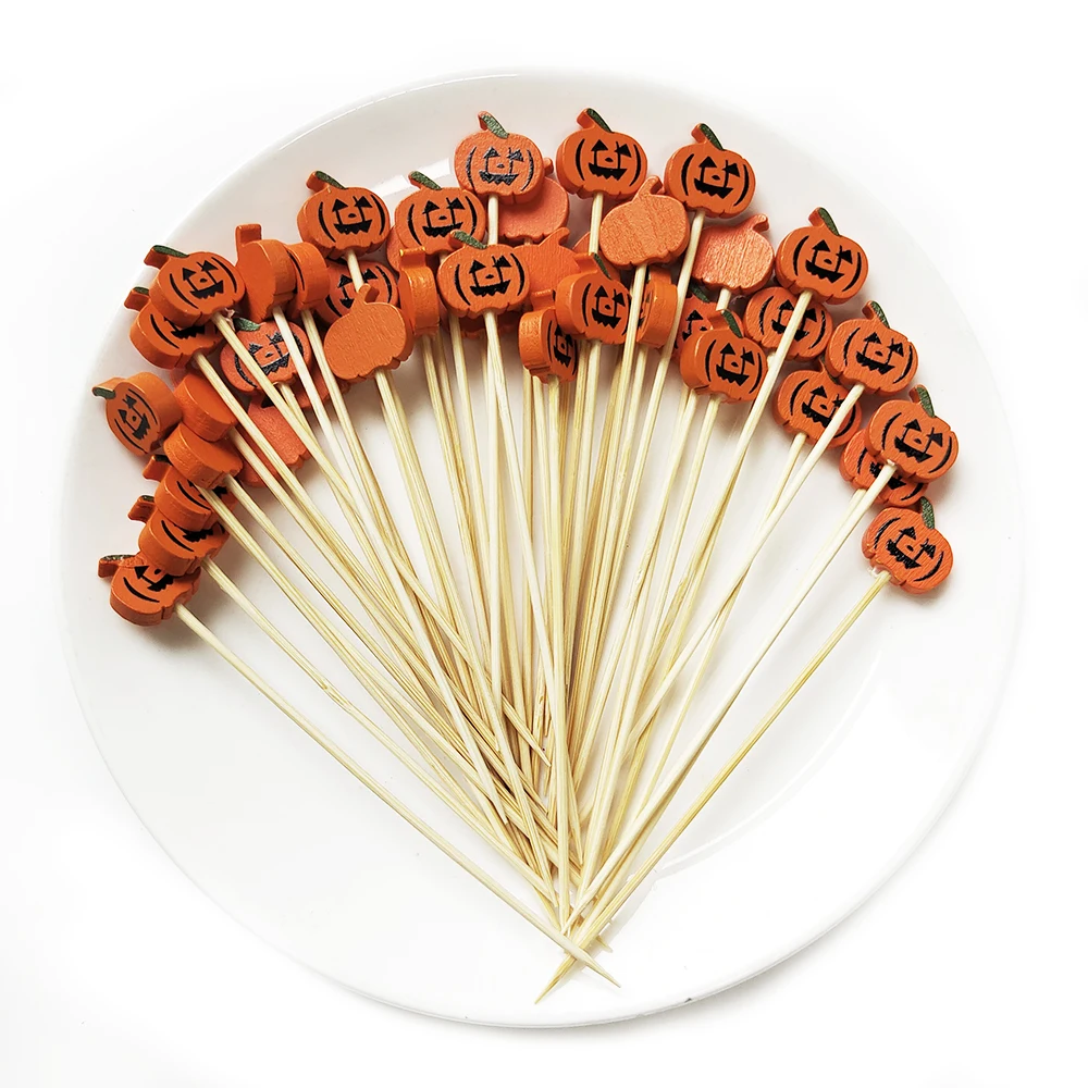 100 Stück Halloween Einweg-Bambusspieße Kürbis-Obstgabel Buffet Dessert Cocktail-Sticks Weihnachts-Schneedeckoration 2026 – Detail 4
