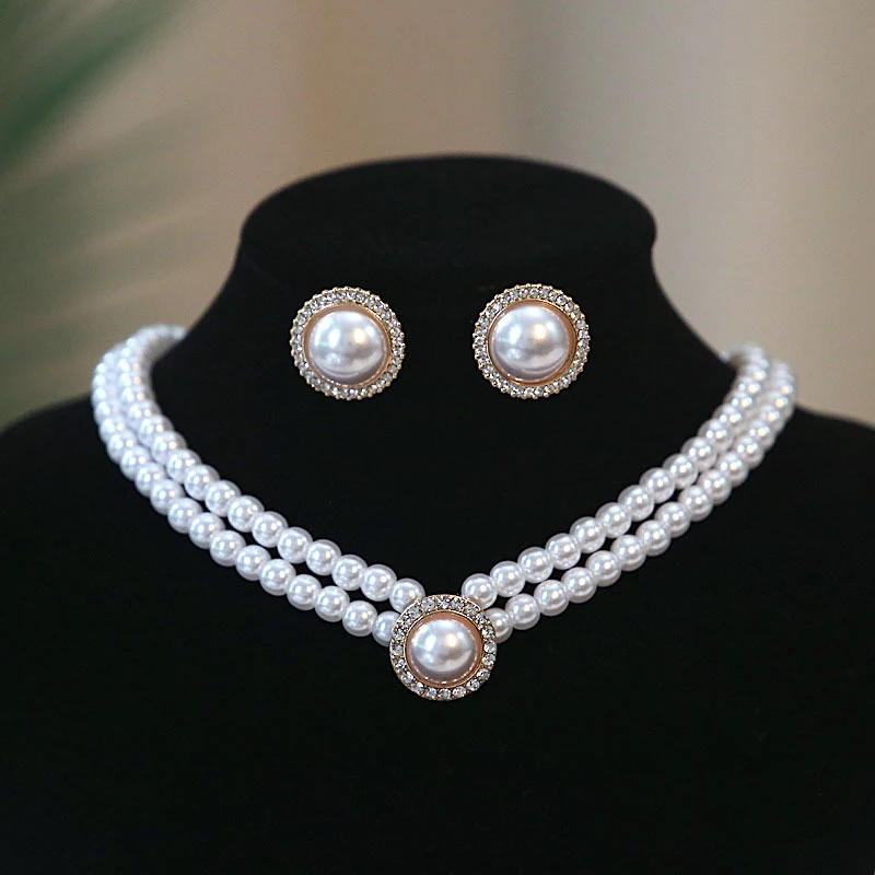3pcs Fashion Double Layer Pearl Pendant Necklace Earrings Jewelry Set Ladies Banquet Wedding Jewelry Accessories Gift