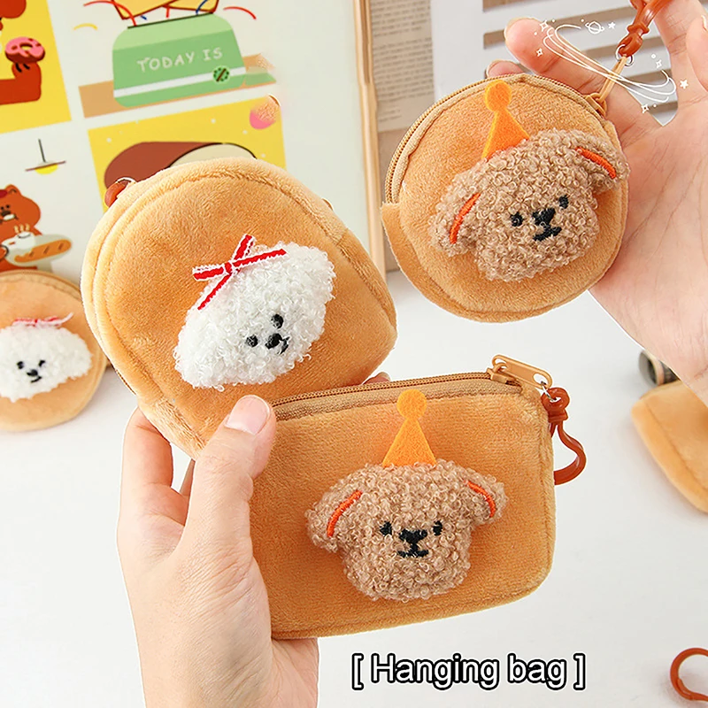 Tas penyimpanan koin anjing, dompet Mini kartun anjing bulu pemegang kartu, tas penyimpanan kecil ritsleting ringan