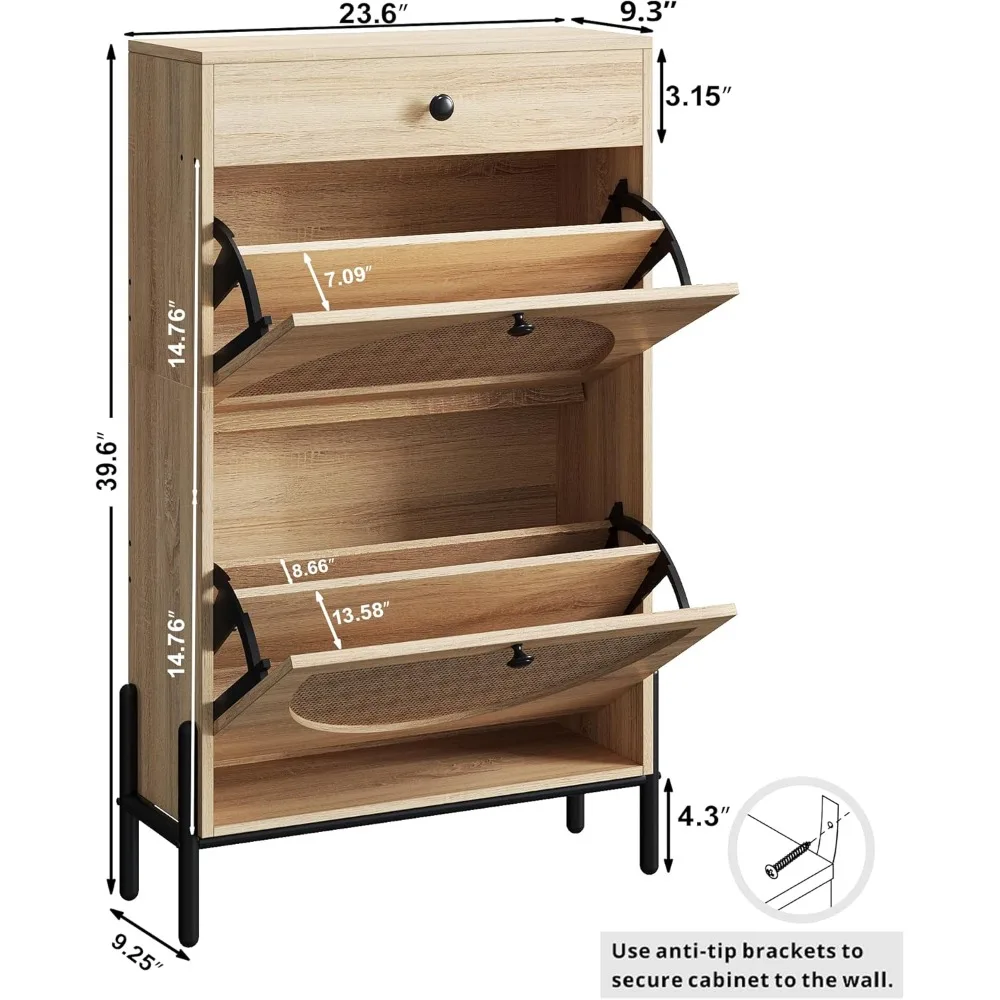 Shoe Cabinet with 2 Flip Drawers, Shoe Storage Cabinet for Entryway, Free Standing Shoe Storage Organizer with Rattan Doors Sli