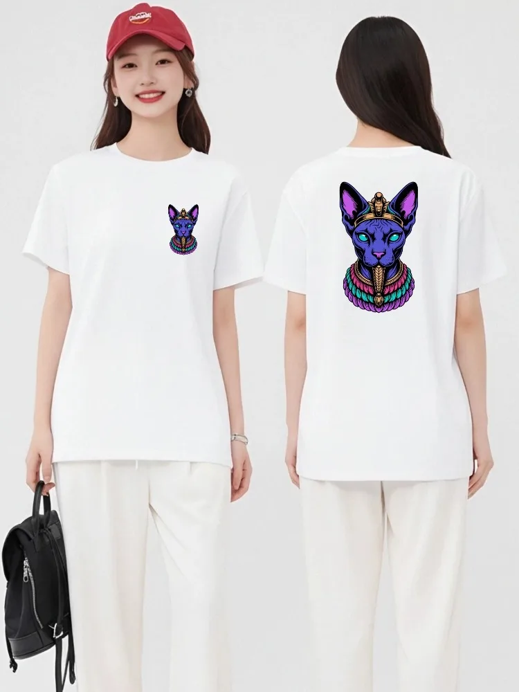 Women's Spring/Summer T-Shirt: Printed with Ancient Egyptian Bastet Cat Pharaoh Goddess and Sphinx Patterns Purple Cat Portrait