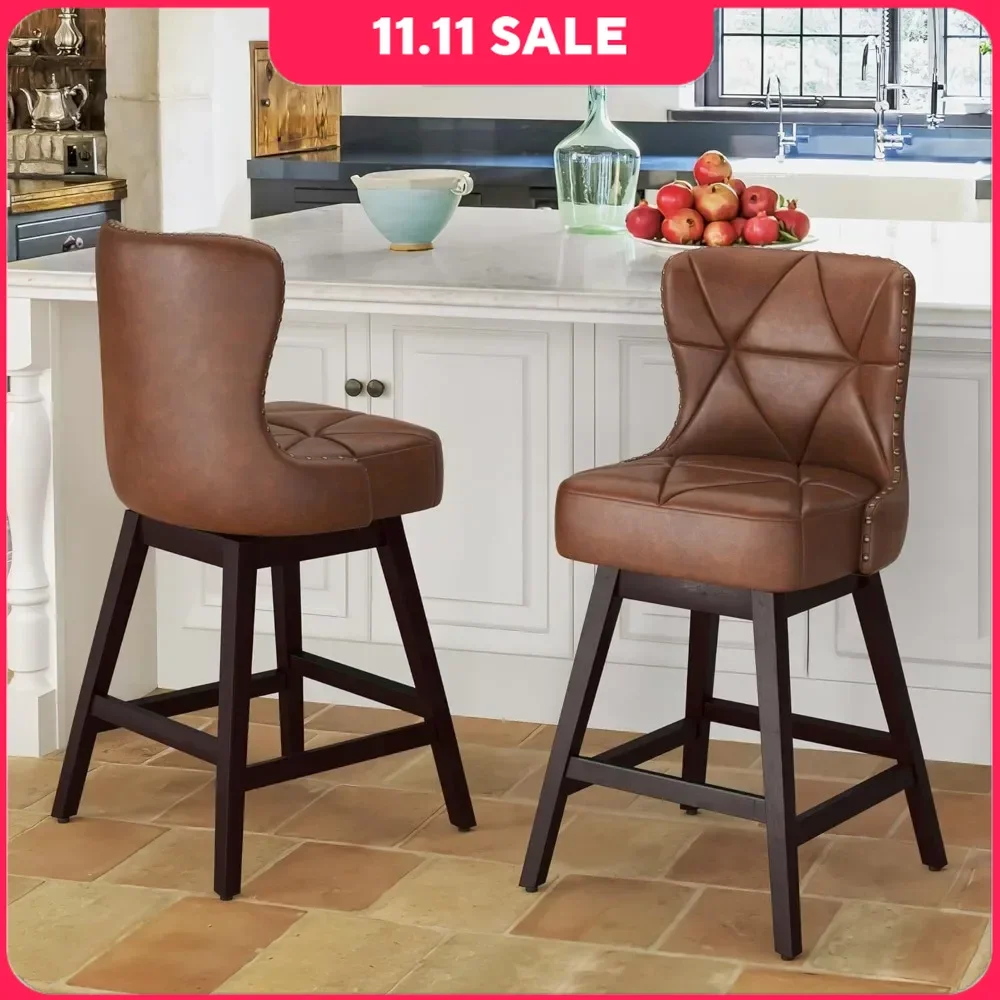 

Bar Stools Set of 2, Faux Leather Counter 26 Height Bar Chairs with Back & Solid Wood Legs, Upholstered Barstools