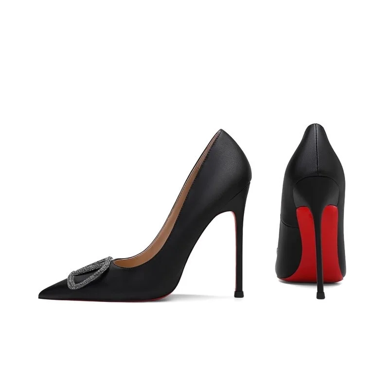 

Spring and Summer New Satin Rhinestone Button Pointed Single Shoe Slim High Heel Banquet Dress Versatile Large Women's Shoes
