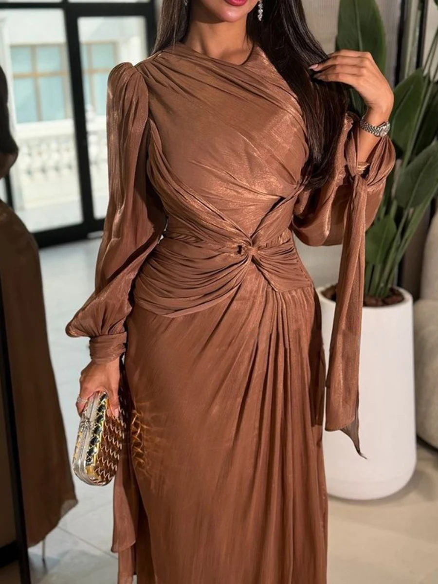 VGH voir à travers les plis brillants robe de soirée pour les femmes col rond lanterne manches taille haute épissé à lacets moulante longues robes femme