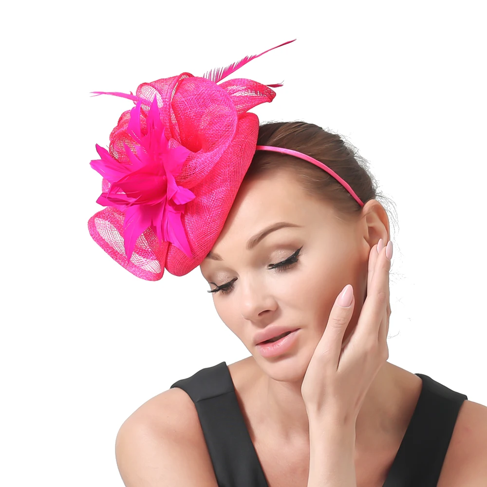 Tocados elegantes de color rosa intenso, sombrero de plumas, tocados de lujo Sinamay para mujer, accesorios para el cabello para fiesta, té, carrera real