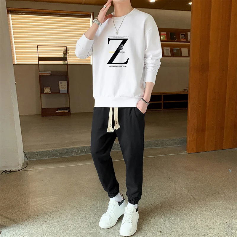 Весенне-осенний спортивный пуловер, футболка, брючный костюм, мужской свитшот с круглым вырезом и длинными рукавами с буквенным принтом, модные спортивные штаны, комплект из 2 предметов