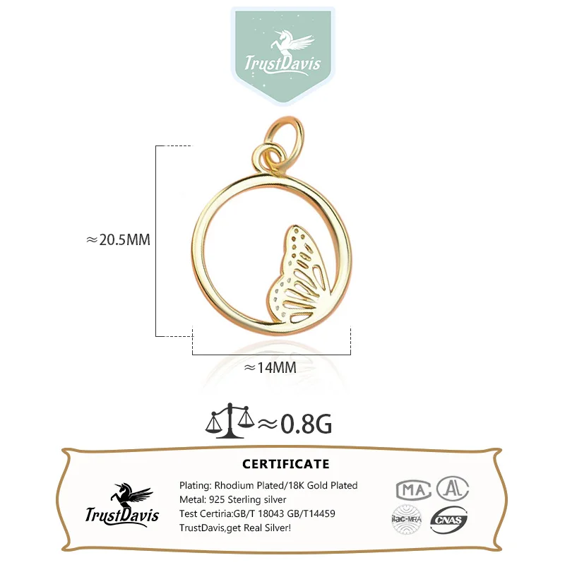 TrustDavis Real 925 Sterling Silver Fashion Round Butterfly Charm Pendant Handmade DIY Accessories Fine Jewelry Wholesale HY088
