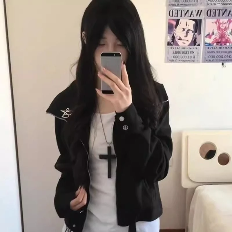 

Американская винтажная короткая куртка с длинным рукавом и отложным воротником, женское повседневное уличное пальто, однотонное пальто на молнии, тонкое лоскутное пальто, осень 2023 г.