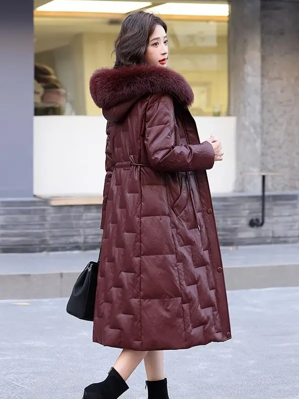 

Женское длинное зимнее пальто из натуральной кожи Haining с капюшоном, утепленное, из овчины, с наполнителем из белого пуха, новинка