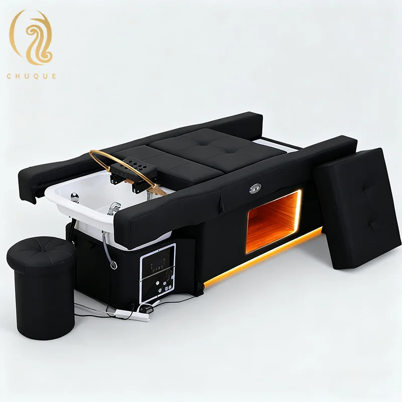 Multifunctional Genuine Leather Modern Foldable Spa Bed Electric Motors Built-In Headrest for Salon Hair Washing Pedicure Head