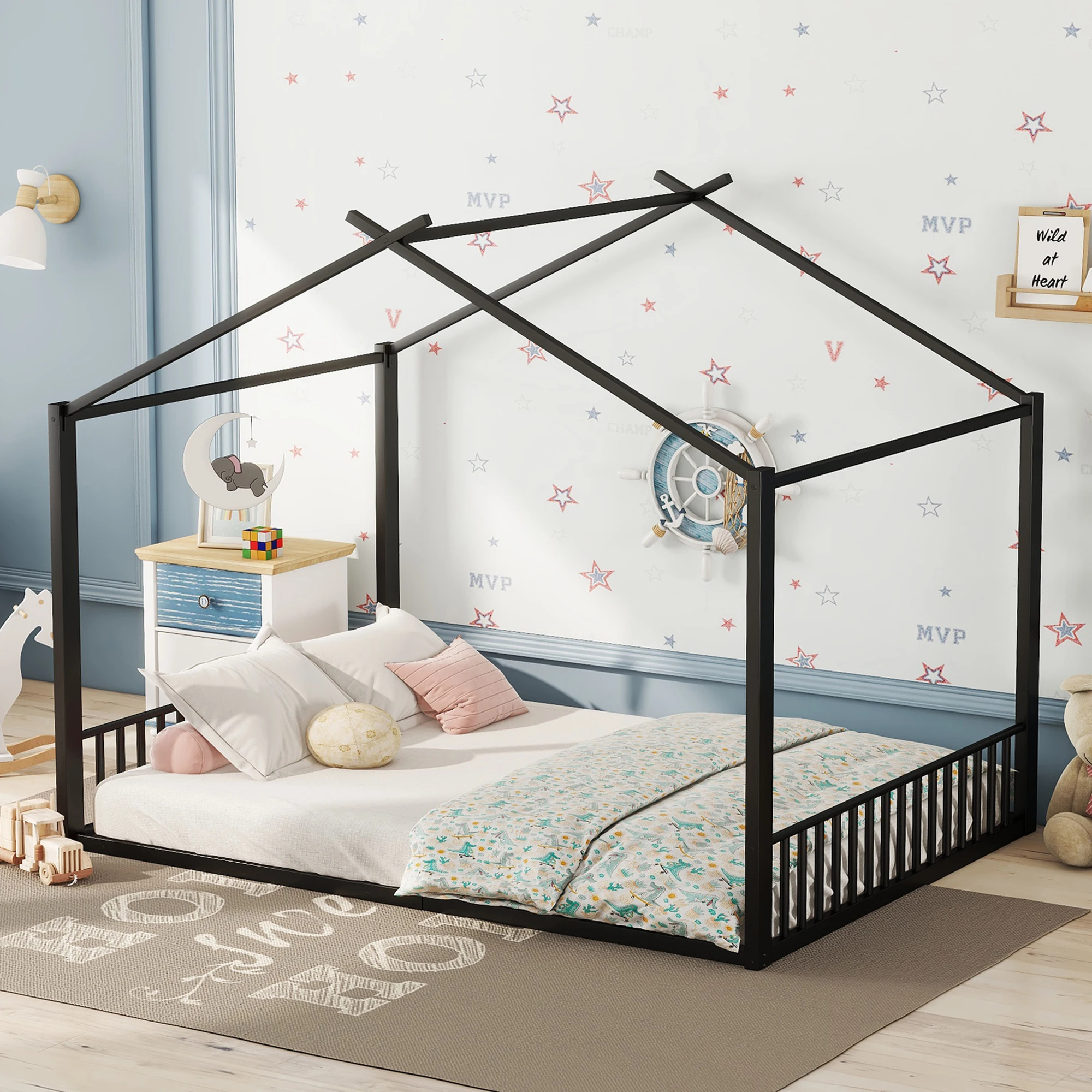 Lit Cabane 140x200 cm - Litenfant avec Sommier à Lattes - Métal - Sans Matelas - Noir