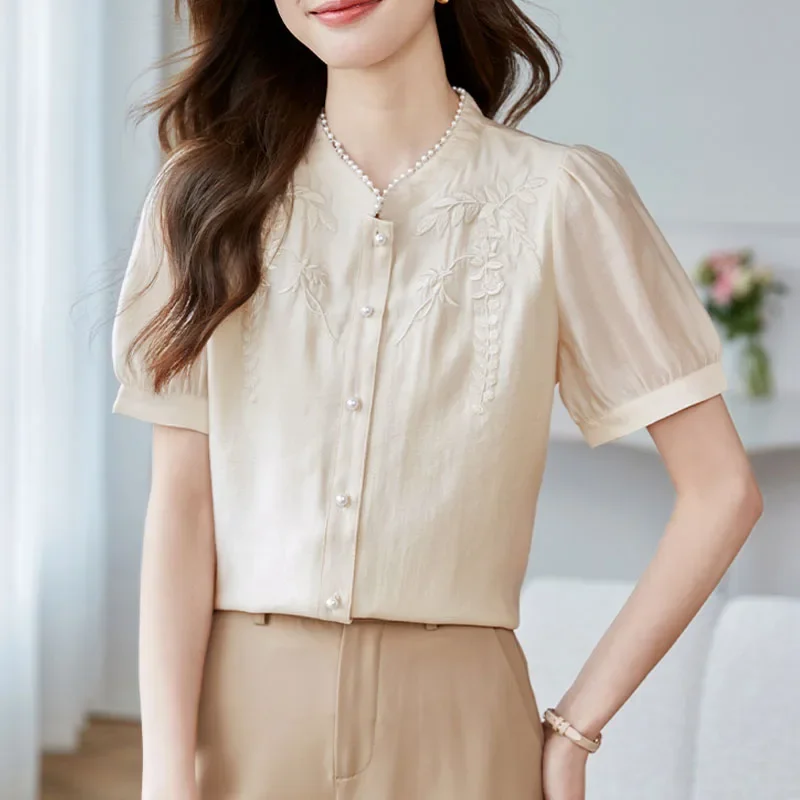 

Летняя женская рубашка с коротким рукавом и воротником-стойкой, шифоновая рубашка с вышивкой, блузка, женские топы, Blusas Mujer De Moda 2024, Verano A511