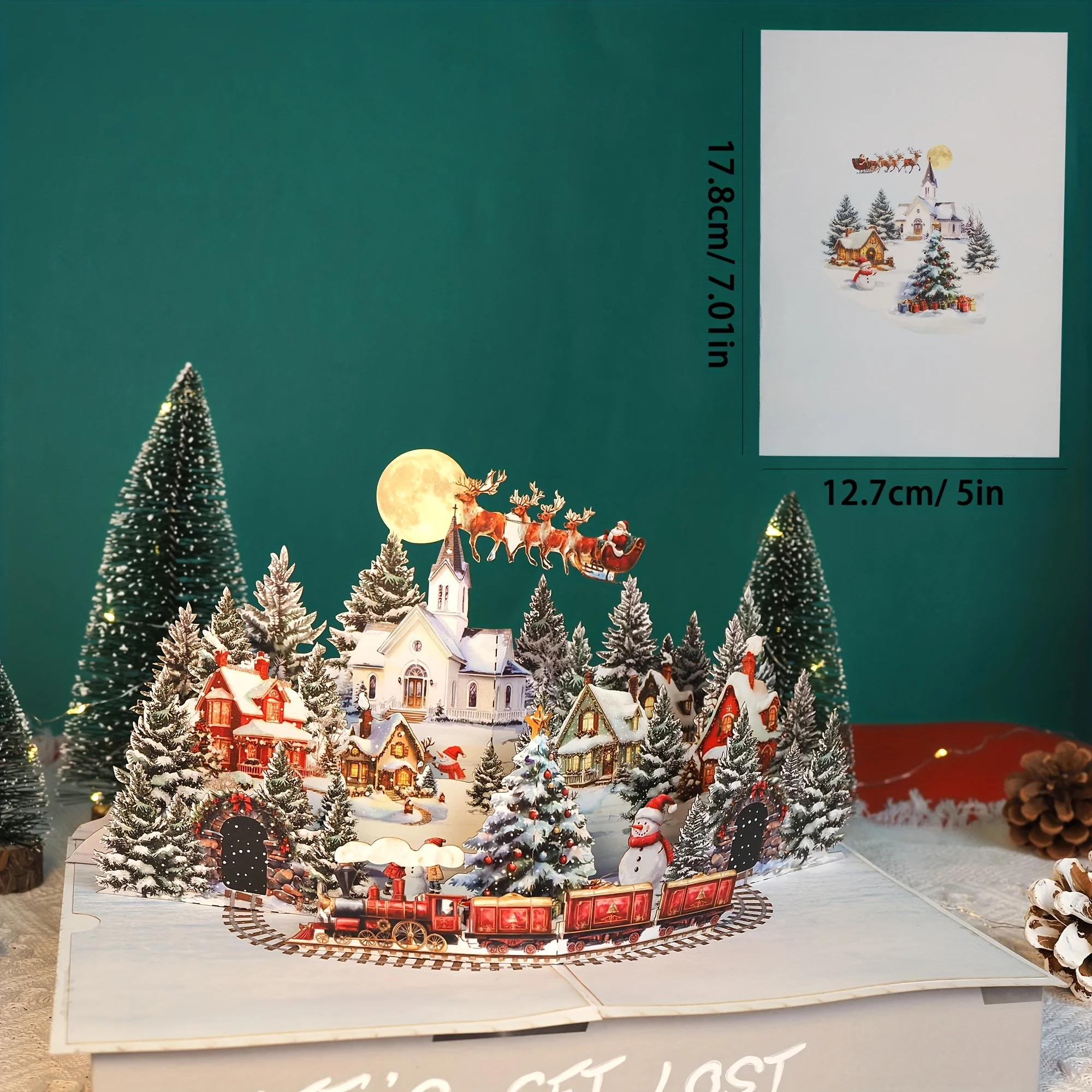 بطاقة عيد الميلاد المنبثقة ثلاثية الأبعاد مع بطاقة تهنئة لعطلة القرية الثلجية سانتا وأصدقاء (تصميم مونليت)