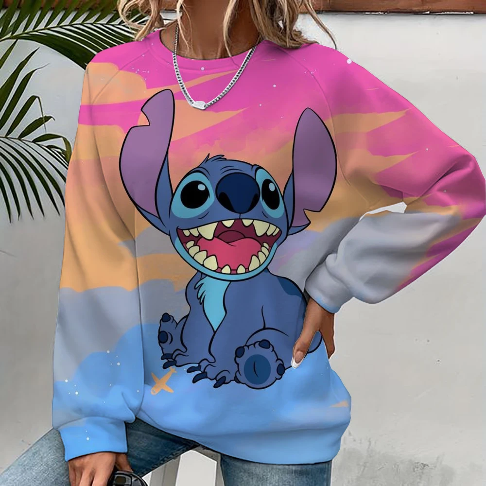 2024 New Cartoon Disney Cute Lilo & Stitch Ladies Sweatshirt Crew Neck Loose Pullover Autumn Fun Print Long Sleeve Top