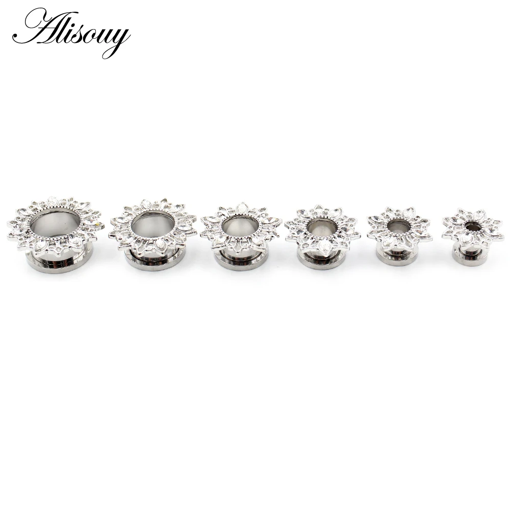 Alisouy 2 Stück Edelstahl Blume Zirkonia Mond Stern Uhr Herz Schraube Ohr Tunnel Plugs Expander Messgeräte Körper Piercing Schmuck – Detail 14