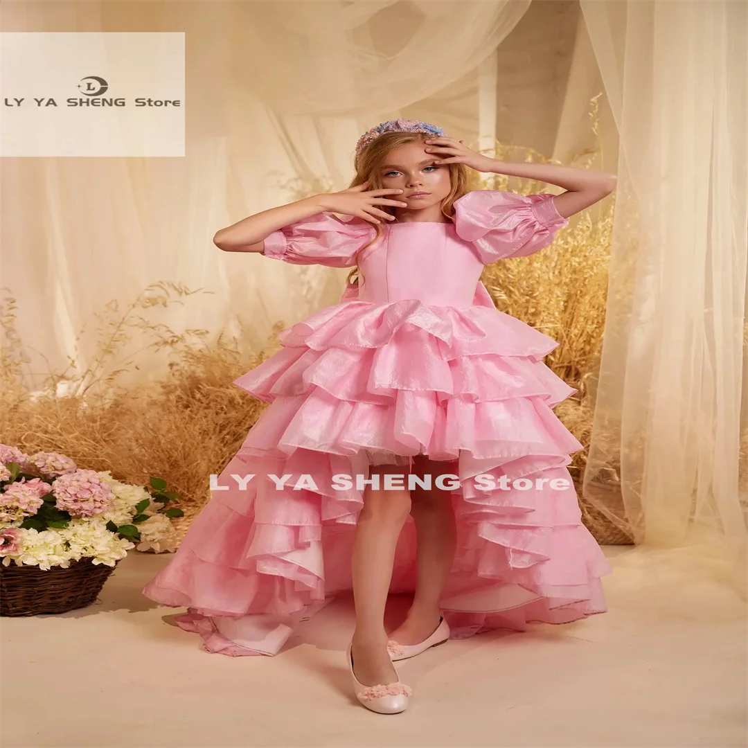 

Pink Flower Girl Dress For Wedding Layered Puffy Satin With Bow Princess Kids First Communion Ball Gown Party Dress