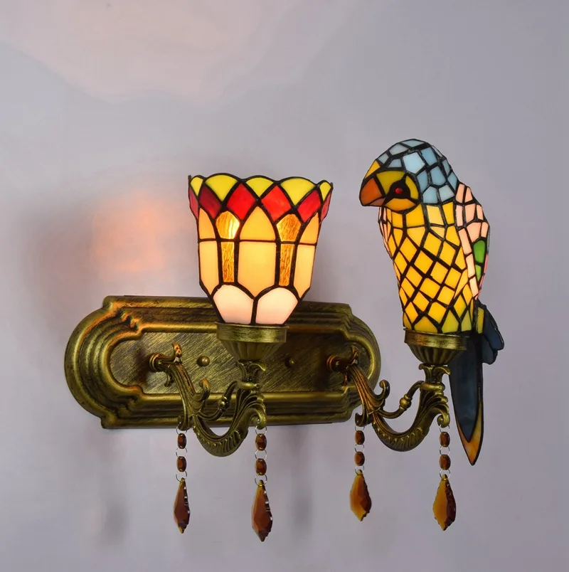 Yellow Parrot Double Headed Crystal Wall Lamp Tiffany Handmade Stained Glass Shade Interior Decoration Wall Lamp