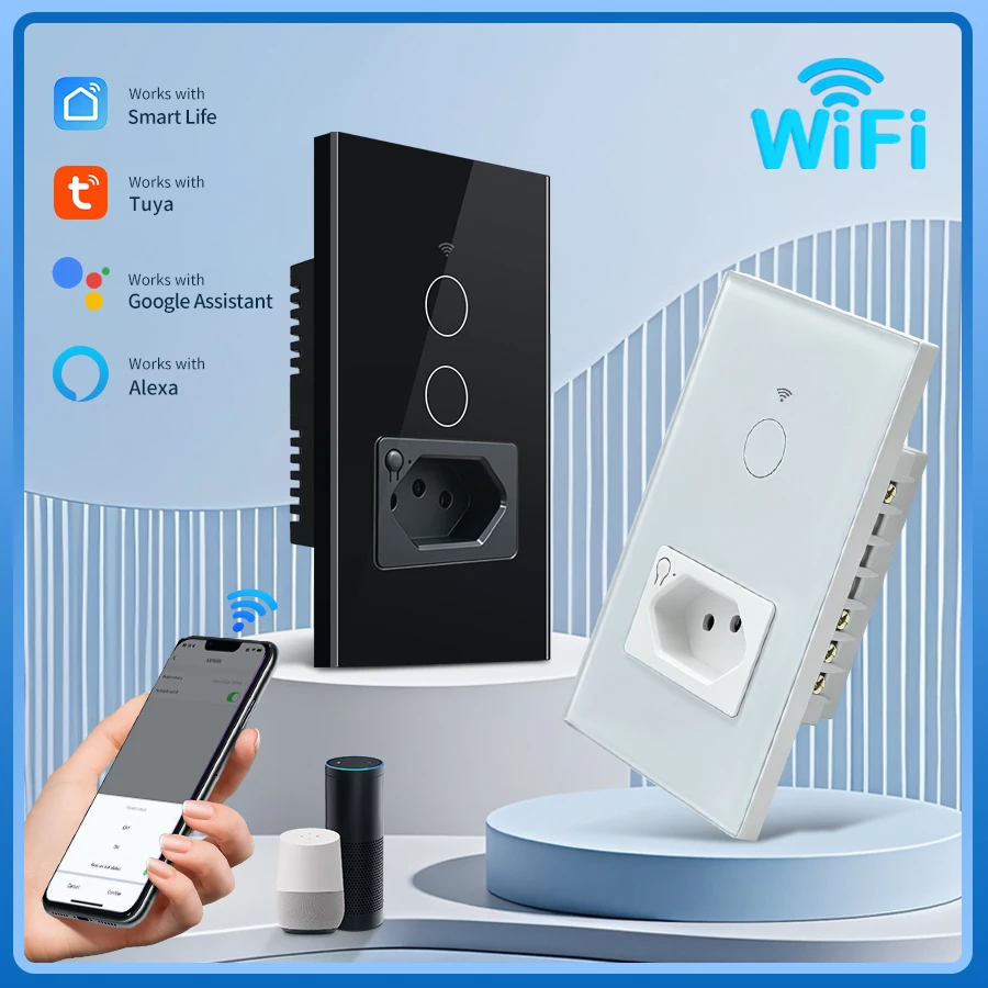 Tuya WiFi Smart Light Switch With Brazil Socket Touch Wall Switch Smart Life APP Remote Control Alexa Google Home 110V 220V