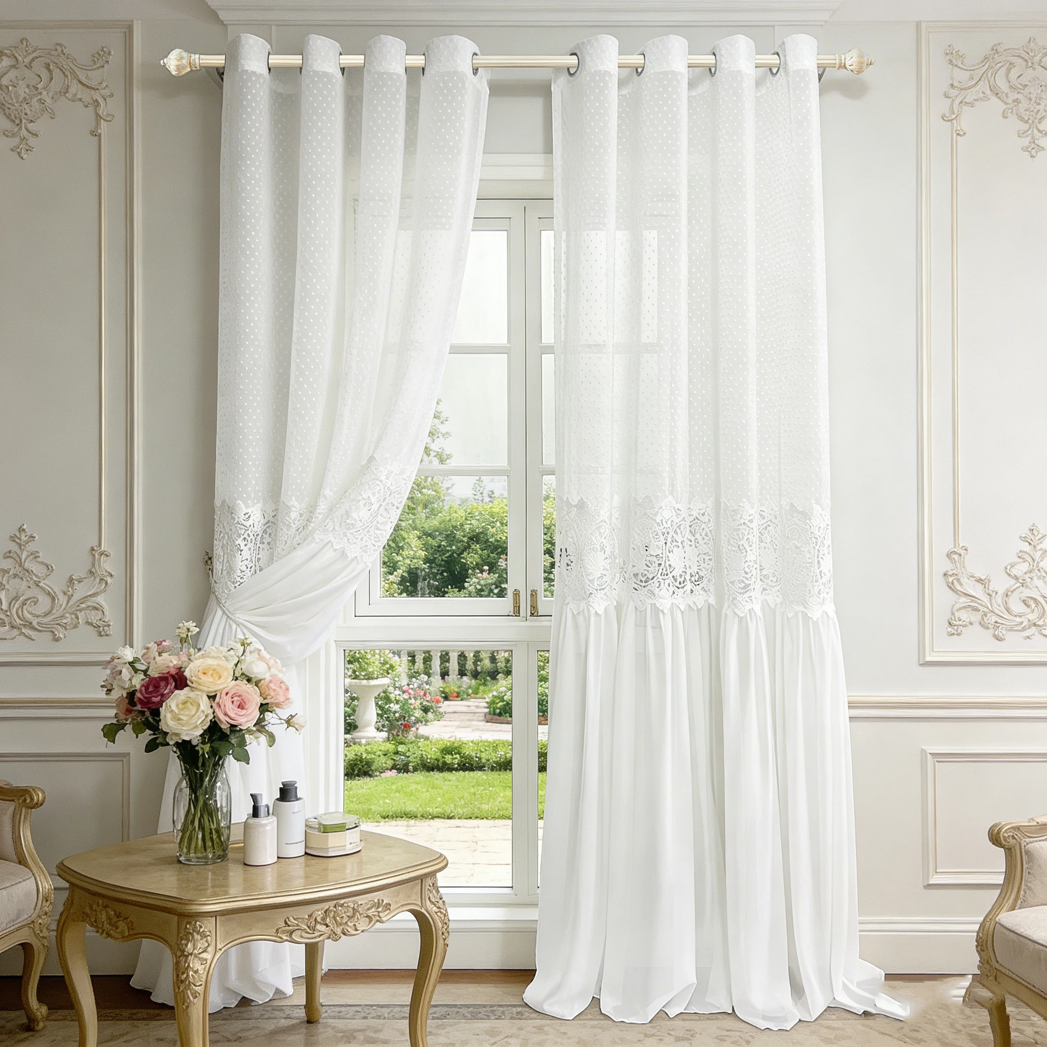 

French Romantic Lace Tulle Sheer Curtains, Hollow Flower Light Filtering Drape for Bedroom，300cm Height Extra Long Curtain