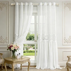 French Romantic Lace Tulle Sheer Curtains, Hollow Flower Light Filtering Drape for Bedroom，300cm Height Extra Long Curtain