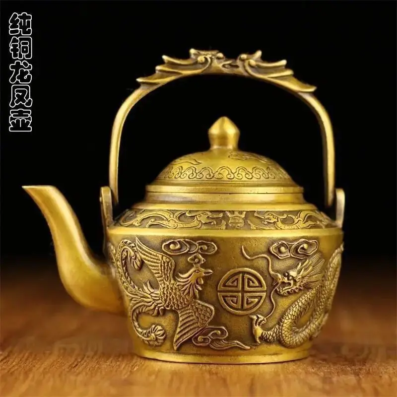 Retro Dragon Phoenix & Longevity Symbol Teapot Ornament Decoration Tea Pet Figurines Desk Decor Accessories