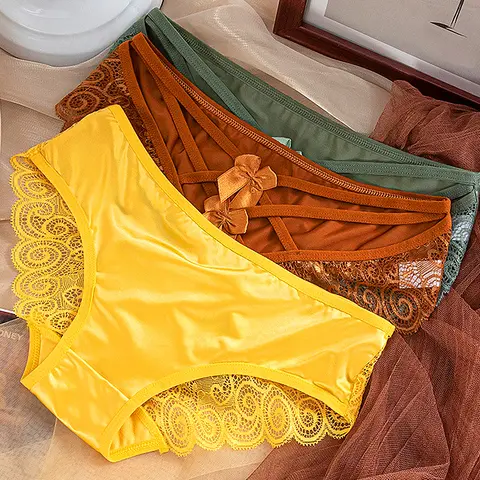 Lace Satin Panties For Women Sexy Silk Briefs Underwear Mid Waist Strap Bowknot Underpants Solid Breathable Seamless Lingerie