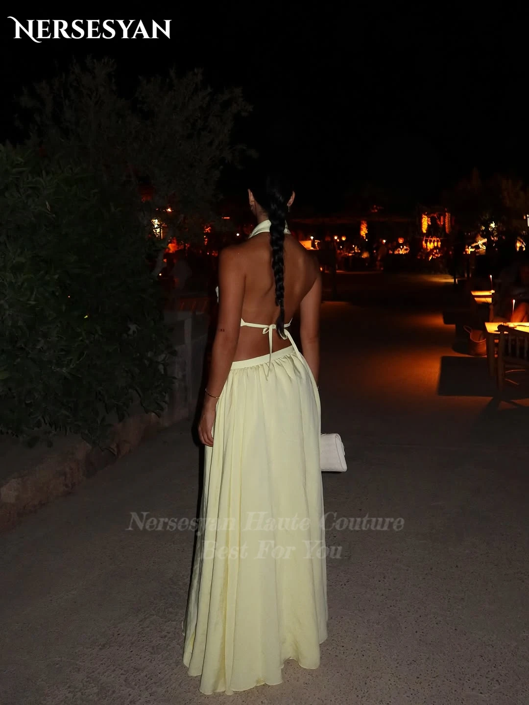Nersesyan 두 조각 레몬 댄스 파티 드레스 오프 숄더 새틴 정장 이브닝 드레스 홀터 사우디 아라비아 파티 가운 2025 맞춤형