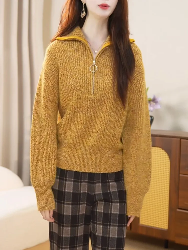 

Ретро-желтый вязаный свитер с воротником на молнии для женщин, модный, больших размеров, осенне-зимний, новый, стройнящий топ